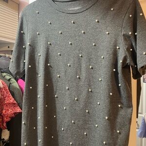 Gray T-Shirt with Pearl Embellishments
